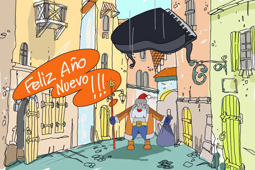 Авторский рисунок блога copirayter.ru На деда мороза падает пианино